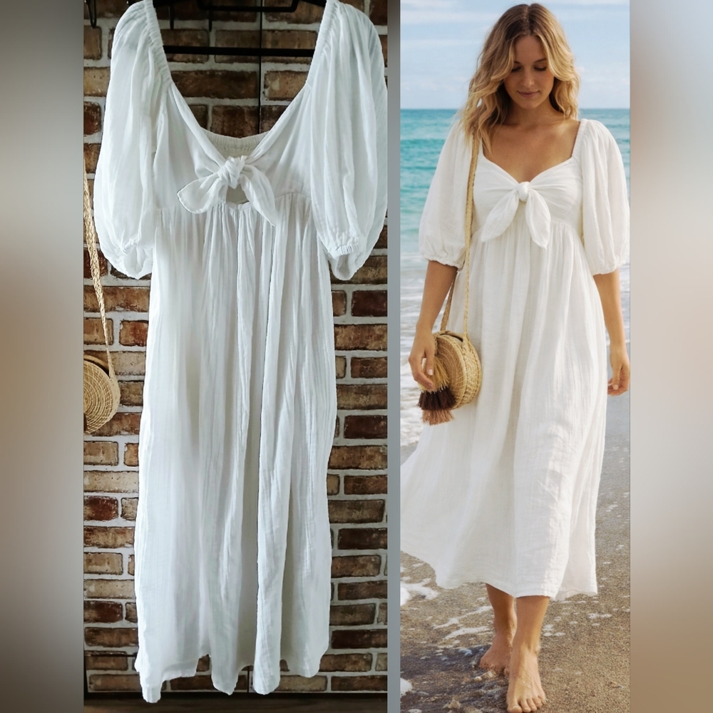 MARA HOFFMAN Swim White SUMMER Smocked Beachy COTTON Maxi Dress Women's Size S - Picture 8 of 13